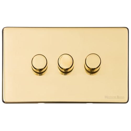 Vintage Range Unlacquered Polished Brass Switches & Sockets, XUL - 3 Gang TED Dimmer (Compatible with LED Lamps) by Heritage Brass By M-Marcus