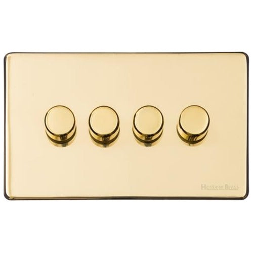 Vintage Range Unlacquered Polished Brass Switches & Sockets, XUL - 4 Gang TED Dimmer (Compatible with LED Lamps) by Heritage Brass By M-Marcus