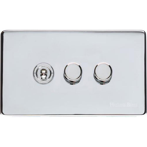 Vintage Range Polished Chrome Switches & Sockets, X02 - 3G Mixed Toggle Dimmer Switch 1xToggle 2xTED by Heritage Brass By M-Marcus