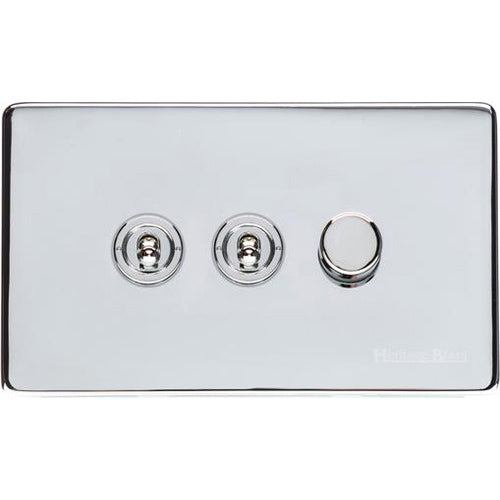 Vintage Range Polished Chrome Switches & Sockets, X02 - 3G Mixed Toggle Dimmer Switch 2xToggle 1xTED by Heritage Brass By M-Marcus