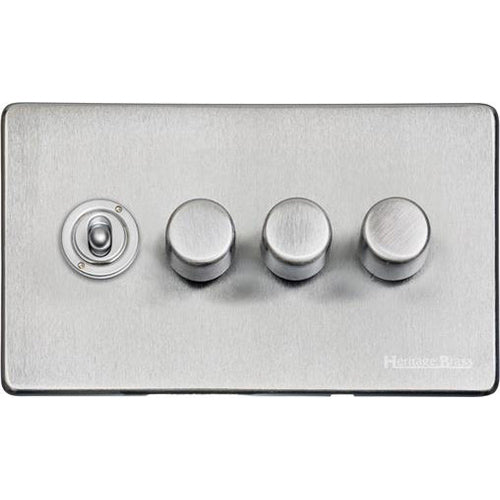 Vintage Range Satin Chrome Switches & Sockets, X03 - 4G Mixed Toggle Dimmer Switch 1xToggle 3xTED by Heritage Brass By M-Marcus