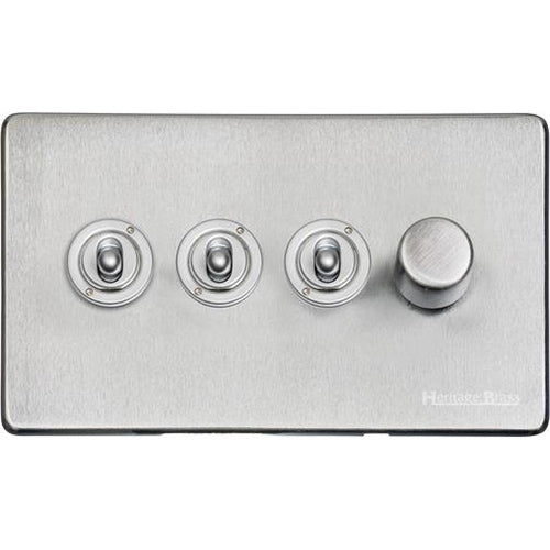 Vintage Range Satin Chrome Switches & Sockets, X03 - 4G Mixed Toggle Dimmer Switch 3xToggle 1xTED by Heritage Brass By M-Marcus