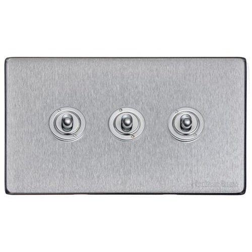 Vintage Range Satin Chrome Switches & Sockets, X03 - 3 Gang Toggle Switch by Heritage Brass By M-Marcus