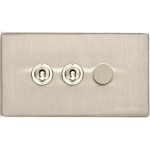 Vintage Range Satin Nickel Switches & Sockets, X05 - 3G Mixed Toggle Dimmer Switch 2xToggle 1xTED by Heritage Brass By M-Marcus
