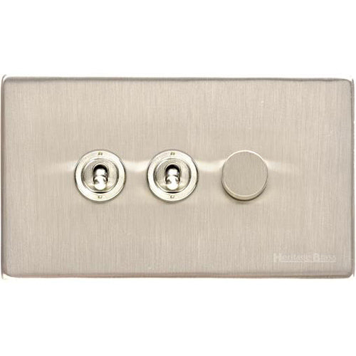 Vintage Range Satin Nickel Switches & Sockets, X05 - 3G Mixed Toggle Dimmer Switch 2xToggle 1xTED by Heritage Brass By M-Marcus