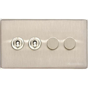 Vintage Range Satin Nickel Switches & Sockets, X05 - 4G Mixed Toggle Dimmer Switch 2xToggle 2xTED by Heritage Brass By M-Marcus