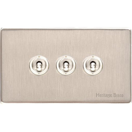 Windsor Range Satin Nickel Switches & Sockets, WN5 - 3 Gang Toggle Switch by Heritage Brass By M-Marcus