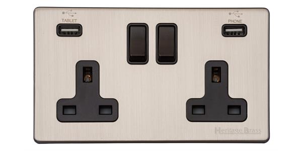 Heritage Brass Electrical, Vintage Range - Satin Nickel - Double USB Socket (13 Amp), Double USB Socket (13 Amp), 13 AMP Switched Sockets, Double USB Socket (13 Amp)