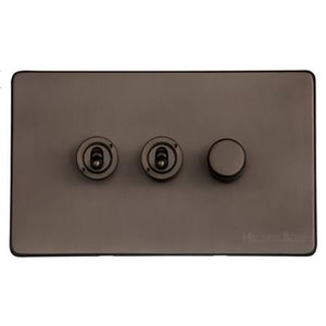 Vintage Range Matt Bronze Switches & Sockets, X09 - 3G Mixed Toggle Dimmer Switch 2xToggle 1xTED by Heritage Brass By M-Marcus