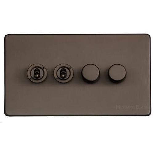 Vintage Range Matt Bronze Switches & Sockets, X09 - 4G Mixed Toggle Dimmer Switch 2xToggle 2xTED by Heritage Brass By M-Marcus