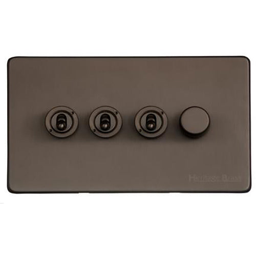 Vintage Range Matt Bronze Switches & Sockets, X09 - 4G Mixed Toggle Dimmer Switch 3xToggle 1xTED by Heritage Brass By M-Marcus
