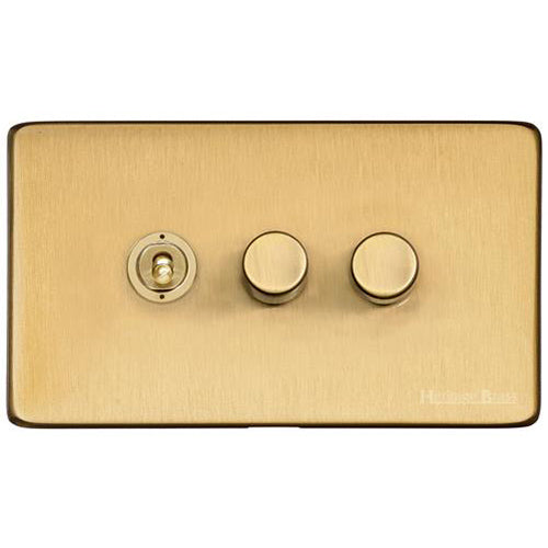 Vintage Range Satin Brass Switches & Sockets, X44 - 3G Mixed Toggle Dimmer Switch 1xToggle 2xTED by Heritage Brass By M-Marcus