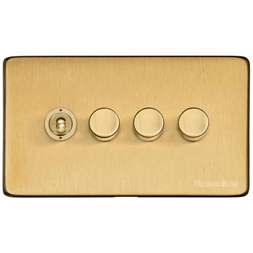 Vintage Range Satin Brass Switches & Sockets, X44 - 4G Mixed Toggle Dimmer Switch 1xToggle 3xTED by Heritage Brass By M-Marcus