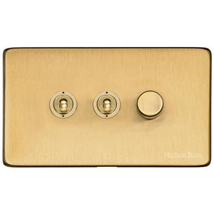 Vintage Range Satin Brass Switches & Sockets, X44 - 3G Mixed Toggle Dimmer Switch 2xToggle 1xTED by Heritage Brass By M-Marcus