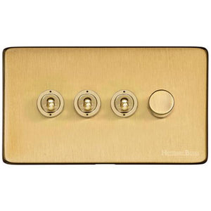 Vintage Range Satin Brass Switches & Sockets, X44 - 4G Mixed Toggle Dimmer Switch 3xToggle 1xTED by Heritage Brass By M-Marcus
