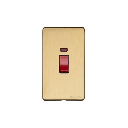 Vintage Range Satin Brass Switches & Sockets, X44 - 45A DP Cooker Switch with Neon (tall plate) by Heritage Brass By M-Marcus