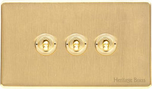 Heritage Brass Electrical, Vintage Range - Satin Brass - 3 Gang Dolly Switch, 3 Gang Dolly Switch, 20 Amp 2 Way Dolly Switches, 3 Gang Dolly Switch