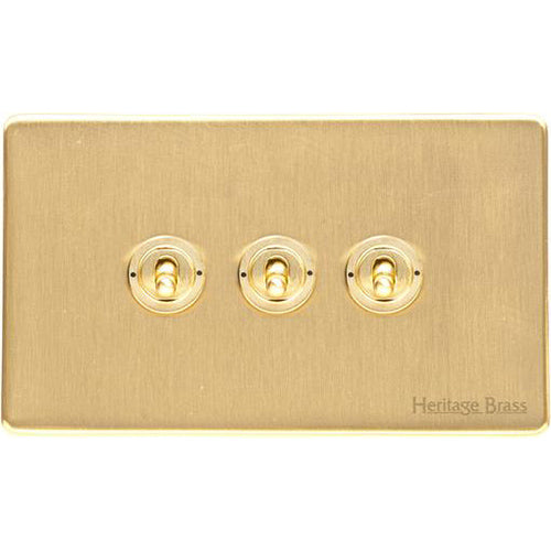 Vintage Range Satin Brass Switches & Sockets, X44 - 3 Gang Toggle Switch by Heritage Brass By M-Marcus