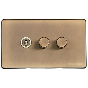 Vintage Range Antique Brass Switches & Sockets, X91 - 3G Mixed Toggle Dimmer Switch 1xToggle 2xTED by Heritage Brass By M-Marcus