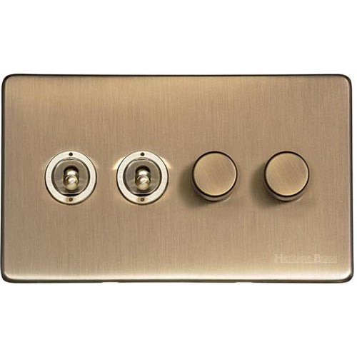 Vintage Range Antique Brass Switches & Sockets, X91 - 4G Mixed Toggle Dimmer Switch 2xToggle 2xTED by Heritage Brass By M-Marcus
