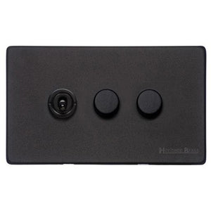 Vintage Range Matt Black Switches & Sockets, XBK - 3G Mixed Toggle Dimmer Switch 1xToggle 2xTED by Heritage Brass By M-Marcus