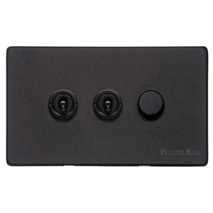 Vintage Range Matt Black Switches & Sockets, XBK - 3G Mixed Toggle Dimmer Switch 2xToggle 1xTED by Heritage Brass By M-Marcus