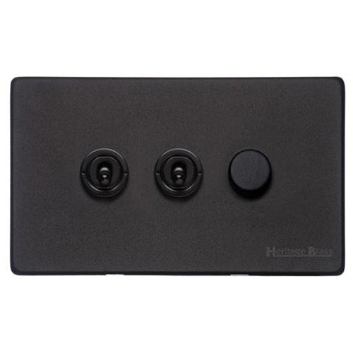 Vintage Range Matt Black Switches & Sockets, XBK - 3G Mixed Toggle Dimmer Switch 2xToggle 1xTED by Heritage Brass By M-Marcus