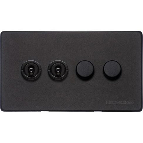 Vintage Range Matt Black Switches & Sockets, XBK - 4G Mixed Toggle Dimmer Switch 2xToggle 2xTED by Heritage Brass By M-Marcus