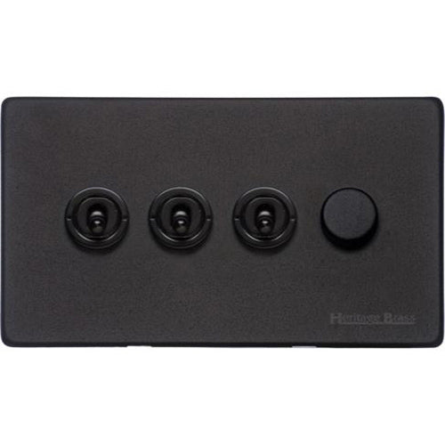 Vintage Range Matt Black Switches & Sockets, XBK - 4G Mixed Toggle Dimmer Switch 3xToggle 1xTED by Heritage Brass By M-Marcus