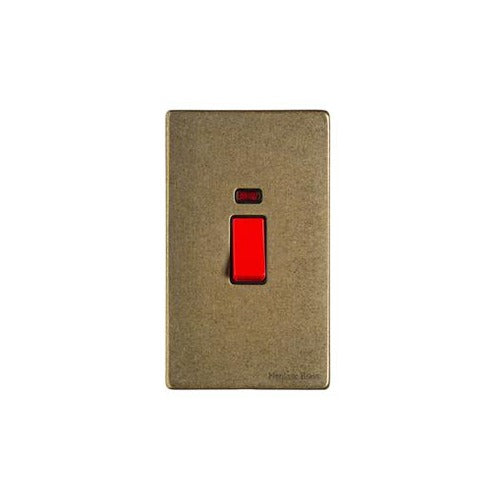 Vintage Range Rustic Brass Switches & Sockets, XRB - 45A DP Cooker Switch with Neon (tall plate) by Heritage Brass By M-Marcus