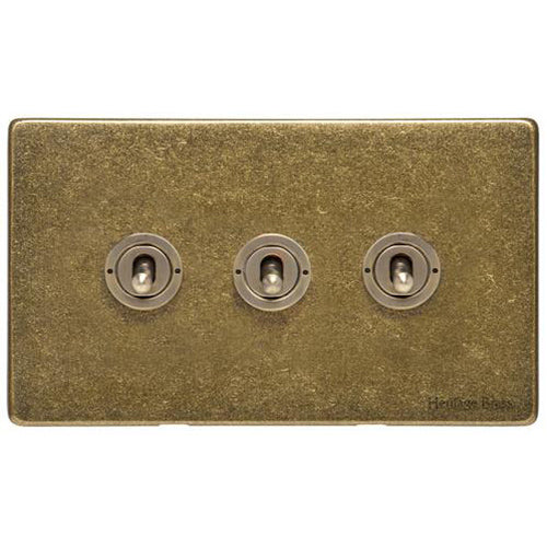 Vintage Range Rustic Brass Switches & Sockets, XRB - 3 Gang Toggle Switch by Heritage Brass By M-Marcus