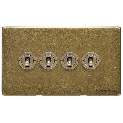 Vintage Range Rustic Brass Switches & Sockets, XRB - 4 Gang Toggle Switch by Heritage Brass By M-Marcus