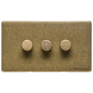 Vintage Range Rustic Brass Switches & Sockets, XRB - 3 Gang Dimmer 250 watts (Compatible with halogen/ incandescent bulbs) by Heritage Brass By M-Marcus