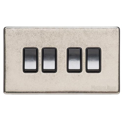 Vintage Range Rustic Nickel Switches & Sockets, XRN - 4 Gang Rocker Switch by Heritage Brass By M-Marcus
