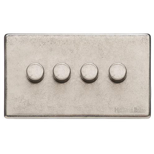 Vintage Range Rustic Nickel Switches & Sockets, XRN - 4 Gang Dimmer 250 watts (Compatible with halogen/ incandescent bulbs) by Heritage Brass By M-Marcus