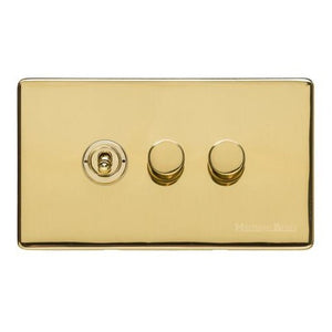 Vintage Range Unlacquered Polished Brass Switches & Sockets, XUL - 3G Mixed Toggle Dimmer Switch 1xToggle 2xTED by Heritage Brass By M-Marcus