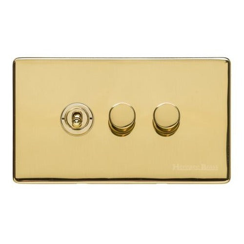 Vintage Range Unlacquered Polished Brass Switches & Sockets, XUL - 3G Mixed Toggle Dimmer Switch 1xToggle 2xTED by Heritage Brass By M-Marcus
