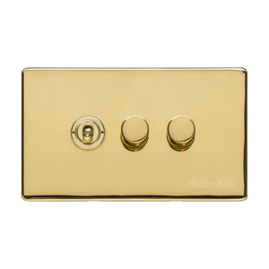 Vintage Range Unlacquered Polished Brass Switches & Sockets, XUL - 3G Mixed Toggle Dimmer Switch 1xToggle 2xTED by Heritage Brass By M-Marcus
