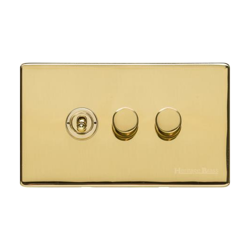Vintage Range Unlacquered Polished Brass Switches & Sockets, XUL - 3G Mixed Toggle Dimmer Switch 1xToggle 2xTED by Heritage Brass By M-Marcus