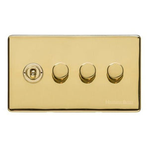 Vintage Range Unlacquered Polished Brass Switches & Sockets, XUL - 4G Mixed Toggle Dimmer Switch 1xToggle 3xTED by Heritage Brass By M-Marcus