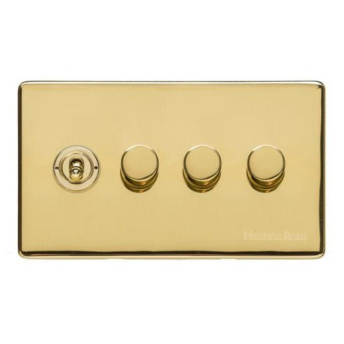 Vintage Range Unlacquered Polished Brass Switches & Sockets, XUL - 4G Mixed Toggle Dimmer Switch 1xToggle 3xTED by Heritage Brass By M-Marcus