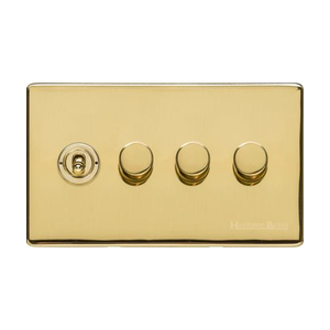 Vintage Range Unlacquered Polished Brass Switches & Sockets, XUL - 4G Mixed Toggle Dimmer Switch 1xToggle 3xTED by Heritage Brass By M-Marcus