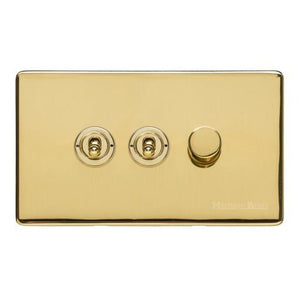 Vintage Range Unlacquered Polished Brass Switches & Sockets, XUL - 3G Mixed Toggle Dimmer Switch 2xToggle 1xTED by Heritage Brass By M-Marcus