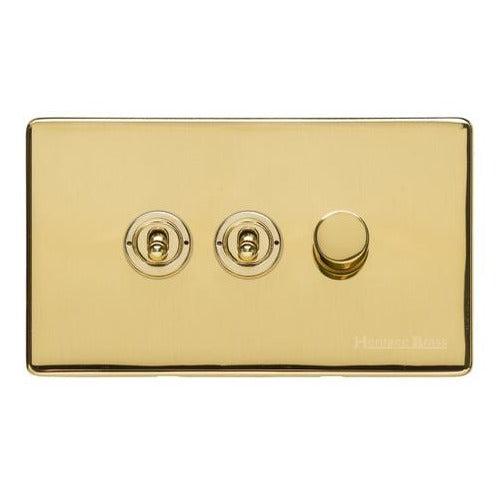 Vintage Range Unlacquered Polished Brass Switches & Sockets, XUL - 3G Mixed Toggle Dimmer Switch 2xToggle 1xTED by Heritage Brass By M-Marcus