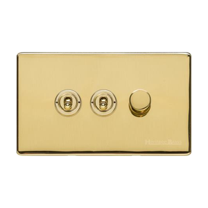 Vintage Range Unlacquered Polished Brass Switches & Sockets, XUL - 3G Mixed Toggle Dimmer Switch 2xToggle 1xTED by Heritage Brass By M-Marcus