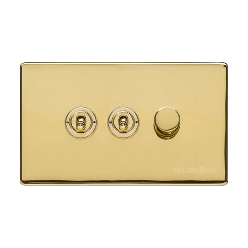 Vintage Range Unlacquered Polished Brass Switches & Sockets, XUL - 3G Mixed Toggle Dimmer Switch 2xToggle 1xTED by Heritage Brass By M-Marcus