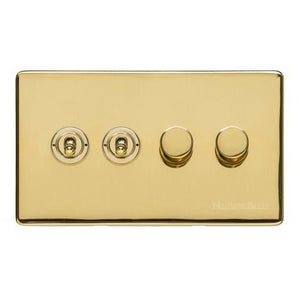 Vintage Range Unlacquered Polished Brass Switches & Sockets, XUL - 4G Mixed Toggle Dimmer Switch 2xToggle 2xTED by Heritage Brass By M-Marcus