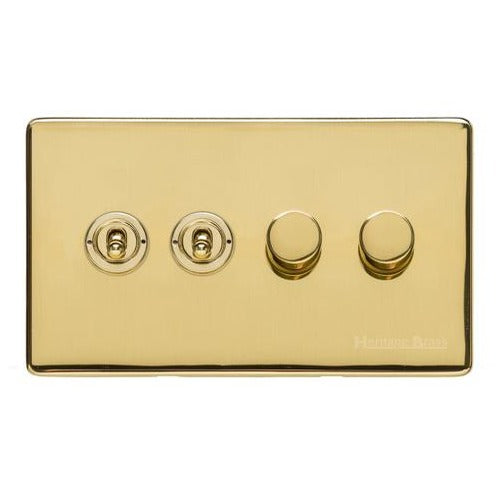 Vintage Range Unlacquered Polished Brass Switches & Sockets, XUL - 4G Mixed Toggle Dimmer Switch 2xToggle 2xTED by Heritage Brass By M-Marcus