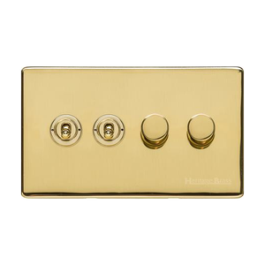 Vintage Range Unlacquered Polished Brass Switches & Sockets, XUL - 4G Mixed Toggle Dimmer Switch 2xToggle 2xTED by Heritage Brass By M-Marcus