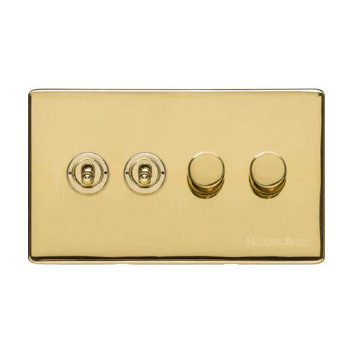 Vintage Range Unlacquered Polished Brass Switches & Sockets, XUL - 4G Mixed Toggle Dimmer Switch 2xToggle 2xTED by Heritage Brass By M-Marcus